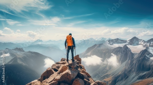 Male mountain climber on mountain top for success concept photo