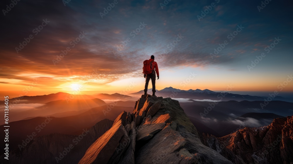 Male mountain climber on mountain top for success concept