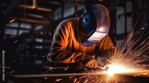 Worker welding steel structure at workshop