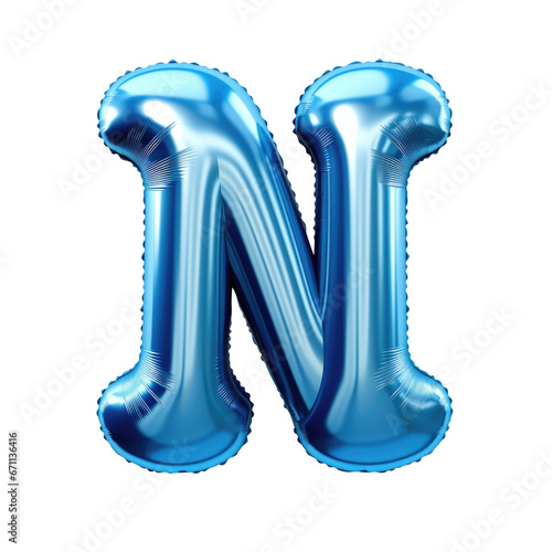blue metallic N alphabet balloon Realistic 3D on white background.