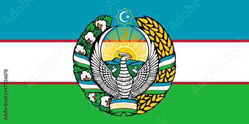 The official current flag and coat of arms of Republic of Uzbekistan. State flag of Uzbekistan. Illustration. photo