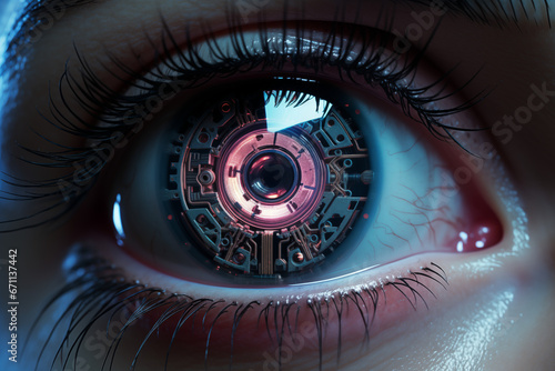 A captivating close-up of a futuristic implanted eye, showcasing advanced technology with intricate details and a hint of cybernetic elegance.