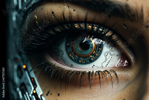 "A striking close-up of a cybernetic eye integrated into a mostly human cyborg, capturing the seamless fusion of technology and humanity in a visually compelling composition