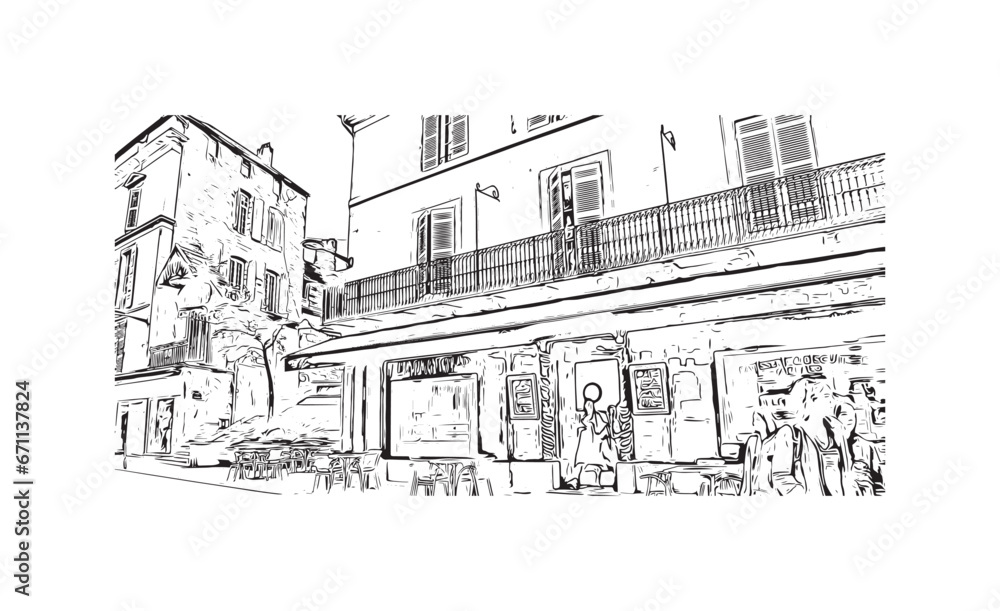 Building view with landmark of Sarlat la Caneda is the commune in France. Hand drawn sketch illustration in vector.