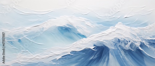 Minimalist turbulent ocean waves painting in titanium white and light blue hues, thick impasto palette knife style, fine canvas and brush stroke detail.
