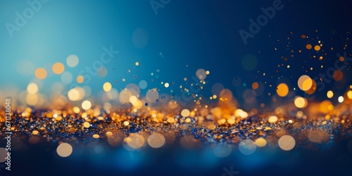 Blue and Gold Bokeh Background. Glistering holiday concept with shining light, golden foil texture, and abstract dark blue particles.
