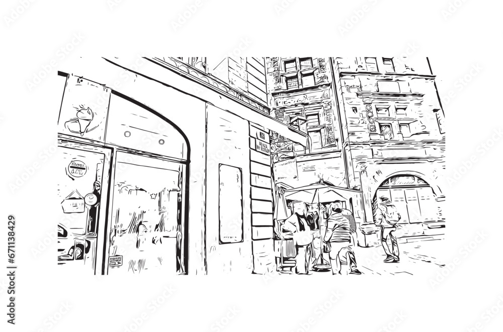 Obraz premium Building view with landmark of Sarlat la Caneda is the commune in France. Hand drawn sketch illustration in vector.