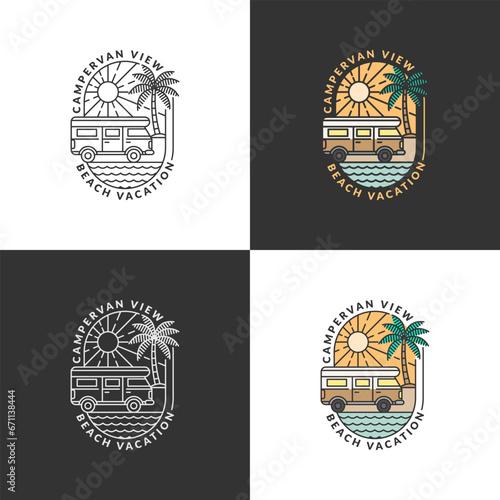 beach and campervan badge monoline or line art style vector illustration