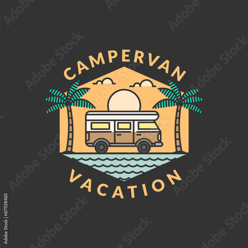 beach and campervan badge monoline or line art style vector illustration