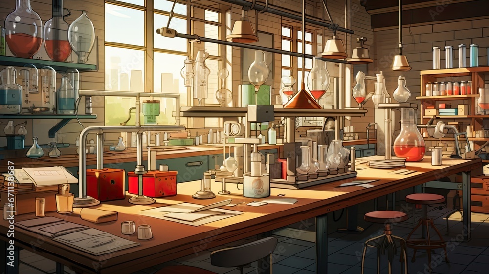 A lab bench filled with scientific equipment like microscopes, test tubes, and petri dishes