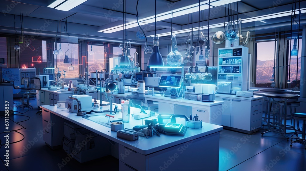 A well-lit laboratory with a sterile workbench, emphasizing the ideal lab environment for scientific experiments - obrazy, fototapety, plakaty 