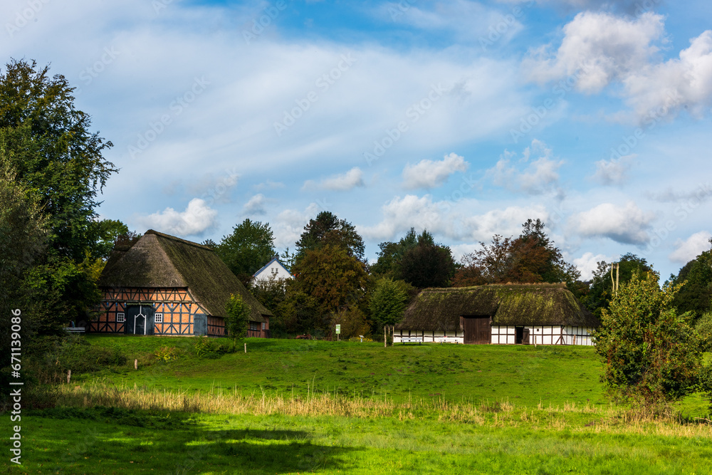 Dorflandschaft im Freilichtmuseum Molfsee mit Reet gedeckten Fachwerkhäusern