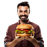Man with burger isolated on transparent or white background, png