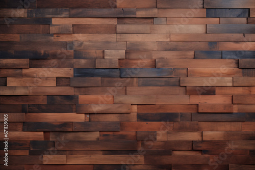 Reclaimed wood plank wall meticulously arranged in a captivating brick wall pattern, offering a rustic yet stylish element for design and decoration with a touch of eco-conscious charm
