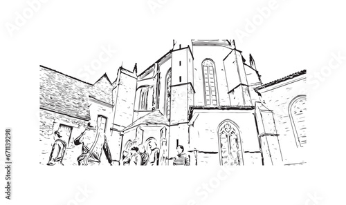 Building view with landmark of Sarlat la Caneda is the commune in France. Hand drawn sketch illustration in vector.