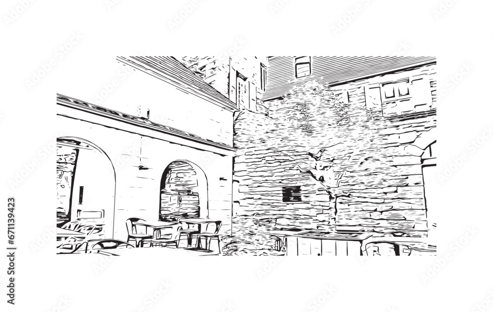 Building view with landmark of Sarlat la Caneda is the commune in France. Hand drawn sketch illustration in vector.