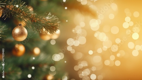 Merry Christmas and Happy New Year. Festive bright beautiful background. Decorated Christmas tree on blurred background. de-focused lights, gold bokeh © megavectors