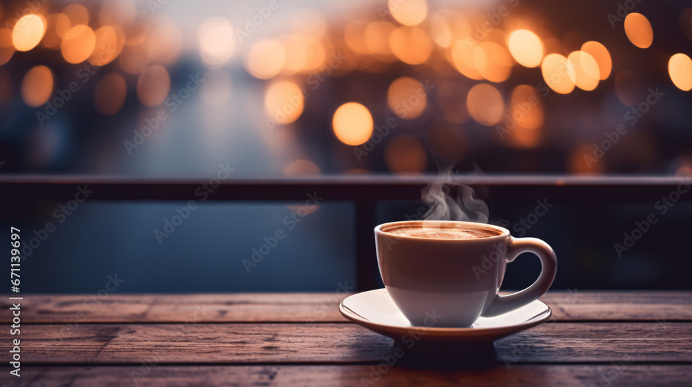 Obraz premium A cup of coffee on an outdoor table with an autumn view