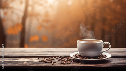 A cup of coffee on an outdoor table with an autumn view