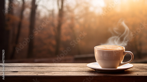 A cup of coffee on an outdoor table with an autumn view