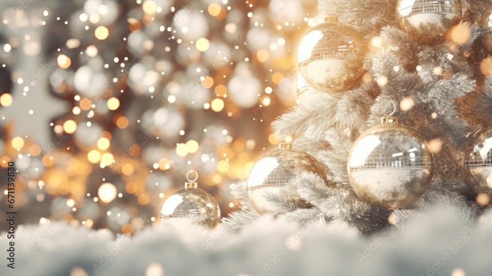 Merry Christmas and Happy New Year. Festive bright beautiful background. Decorated Christmas tree on blurred background. de-focused lights, gold bokeh Merry Christmas and Happy New Year. Festive bright beautiful background. Decorated Christmas tree on blurred background. de-focused lights, gold bokeh
