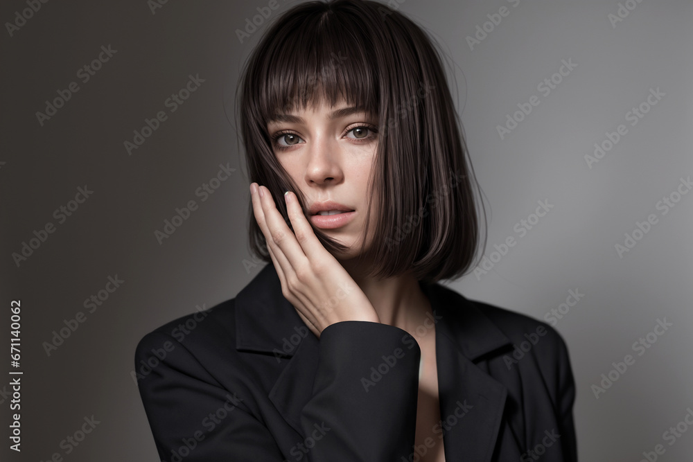Beautiful woman portrait in black stands on a gray background Beautiful woman portrait in black stands on a gray background