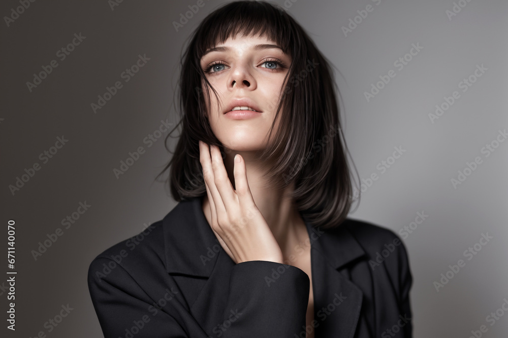 Beautiful woman portrait in black stands on a gray background Beautiful woman portrait in black stands on a gray background