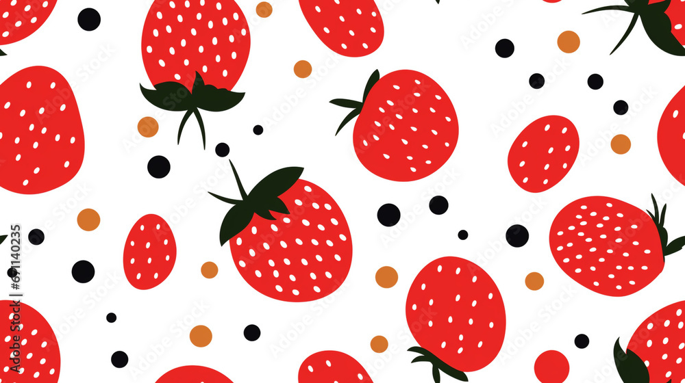Strawberry image drawn abstractly and with a minimalist style. Random arrangement with repeating pattern tiles.
