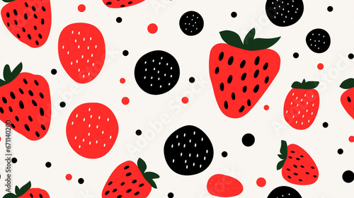 Strawberry image drawn abstractly and with a minimalist style. Random arrangement with repeating pattern tiles. 
