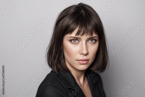 Beautiful woman portrait in black stands on a gray background