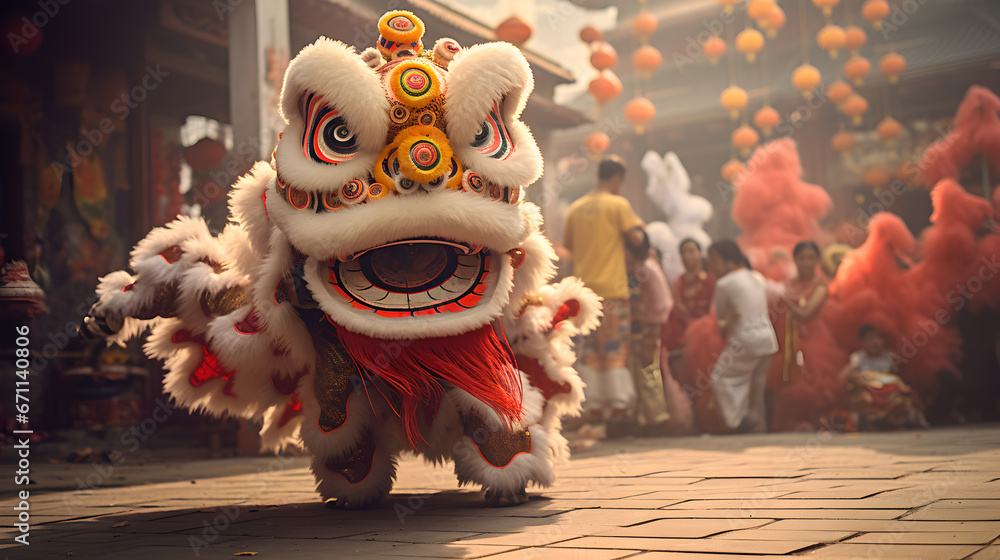 Chinese traditional lion dance costume performing at a temple in China, Lunar new year celebration, Chinese New Year - obrazy, fototapety, plakaty 