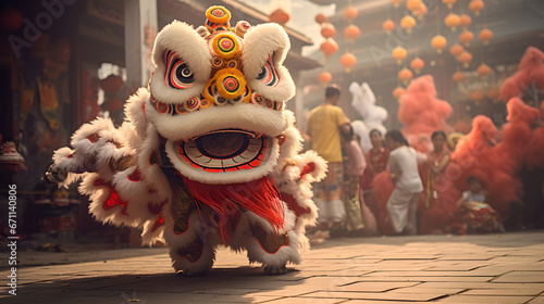 Chinese traditional lion dance costume performing at a temple in China, Lunar new year celebration, Chinese New Year photo