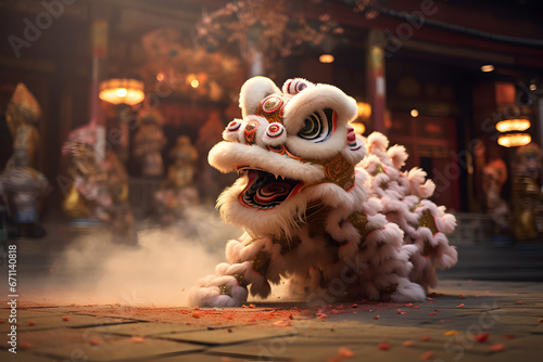 Chinese traditional lion dance costume performing at a temple in China, Lunar new year celebration, Chinese New Year photo