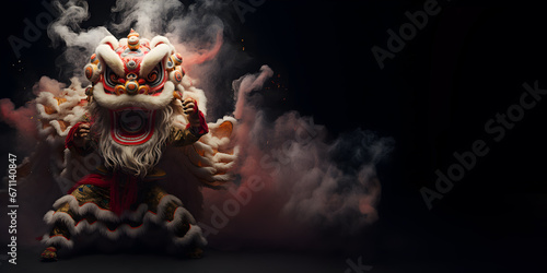 Chinese traditional lion dance costume performing with smoke on black background banner illustration, Lunar new year celebration, Chinese New Year
