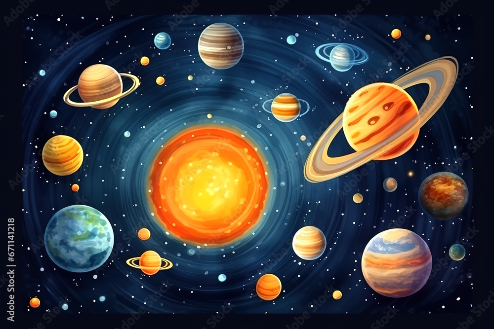 Cartoon solar system, galaxy illustration, space background with planets, children's book illustration