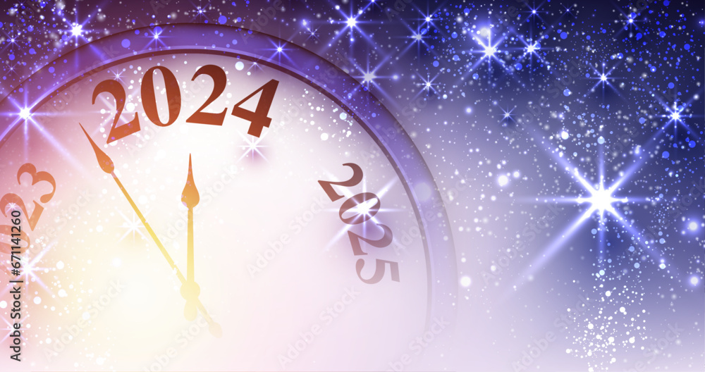 New Year 2024 countdown clock with purple stars and lights. Stock Vector Adobe Stock