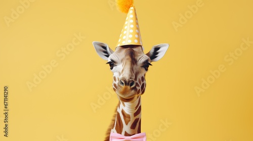Creative animal concept. Giraffe in party cone hat necklace bowtie outfit isolated on solid pastel background advertisement, birthday party invite invitation © LaxmiOwl
