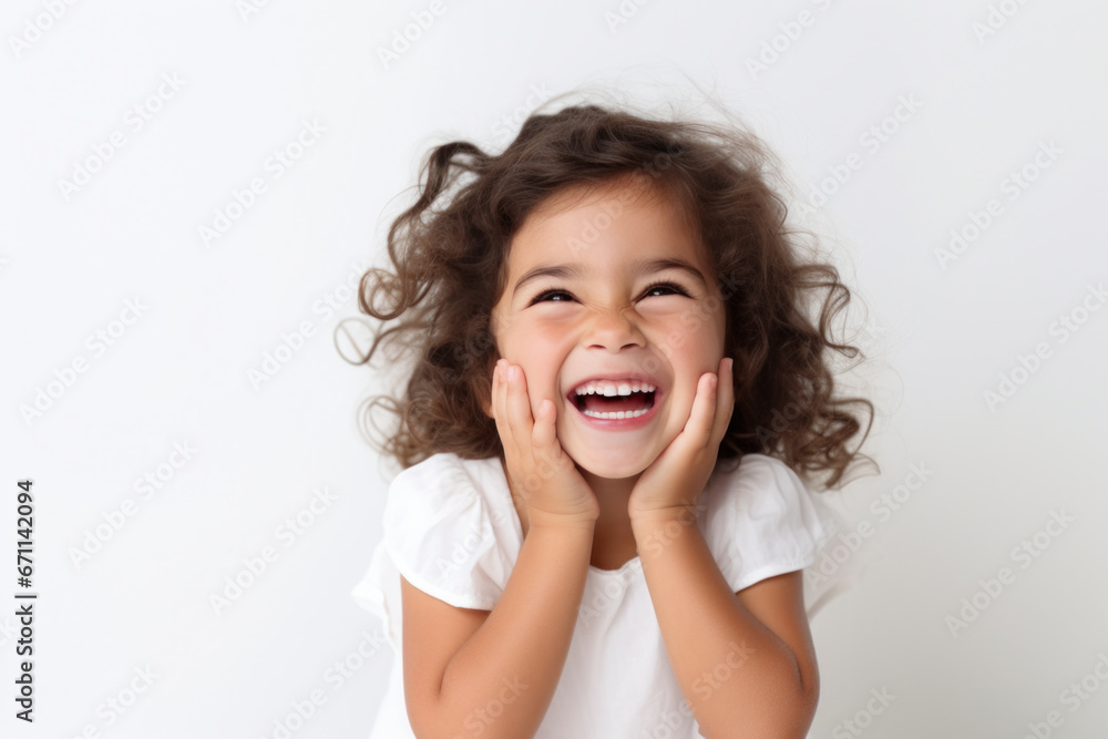 A cute curly girl in a white T-shirt laughs. Photo of a joyful child on a white background A cute curly girl in a white T-shirt laughs. Photo of a joyful child on a white background