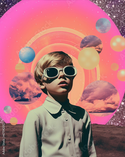 Trippy collage with a boy with glasses in retro style in space with planets