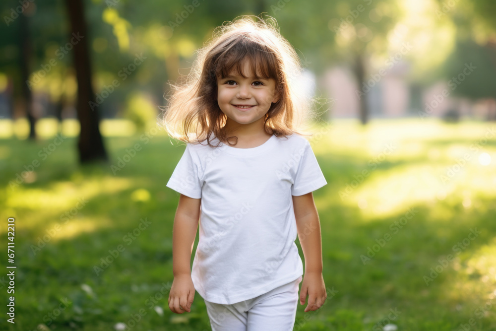 Cute little girl in a white T-shirt walks in the park in summer Cute little girl in a white T-shirt walks in the park in summer