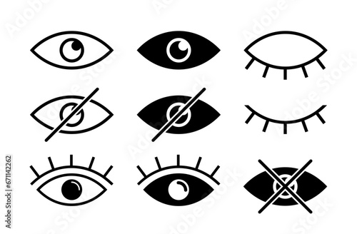 See and unsee eyes icon set. Hide and unhide symbol. Sensitive content. Vector stock illustration