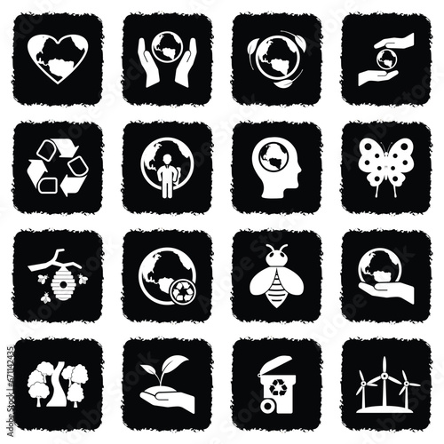 Earth Day Icons. Grunge Black Flat Design. Vector Illustration.