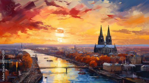 oil painting on canvas, Cologne Cathedral and Hohenzollern Bridge at twilight, Germany. photo