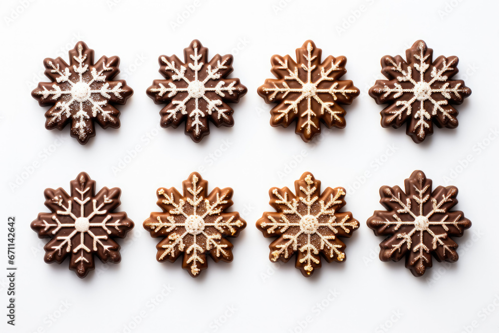 Fototapeta premium Festively detailed handcrafted chocolate snowflakes with glitter accents isolated on a white background 