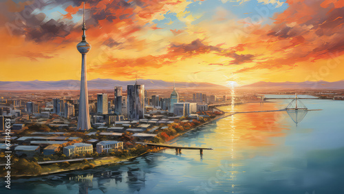 oil painting on canvas, Panorama of Dusseldorf, Germany.