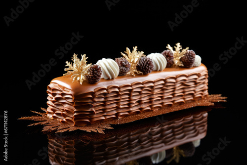 Bûche de Noël garnished with magnificent chocolate pinecones isolated on a gradient background 