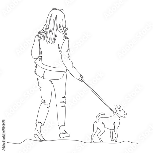 Woman walking with small dog and pulling leash. Side view. Single line drawing. Black and white vector illustration in line art style.