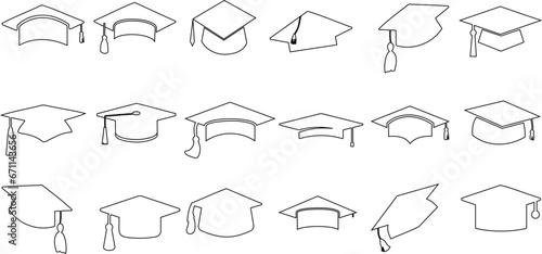 Graduation caps, black and white vector illustration, line art, various styles, angles