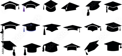 Graduation caps, black and white vector illustration. Different styles, angles perfect for graduation season designs. Ideal for academic, ceremony, commencement, education-related themes.