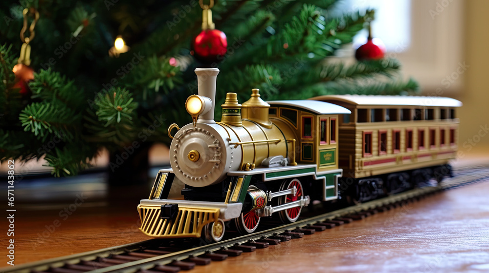 A vintage toy train running around a Christmas tree with miniature